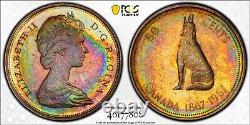 PL64 1967 Canada Wolf Silver Fifty Cents Proof, PCGS Trueview- Rainbow Toned