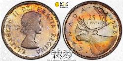 PL66 1956 Canada Silver Caribou 25 Cents Proof, PCGS Trueview- Rainbow Toned