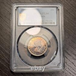 PL66 1956 Canada Silver Caribou 25 Cents Proof, PCGS Trueview- Rainbow Toned