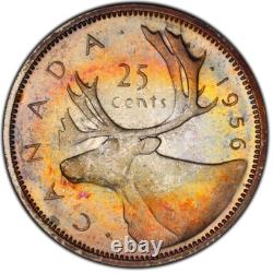 PL66 1956 Canada Silver Caribou 25 Cents Proof, PCGS Trueview- Rainbow Toned