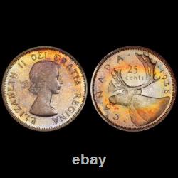 PL66 1956 Canada Silver Caribou 25 Cents Proof, PCGS Trueview- Rainbow Toned