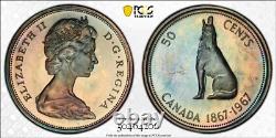 PL66 1967 Canada Wolf Silver 50 Cents Proof, PCGS Trueview- Rainbow Toned
