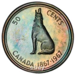 PL66 1967 Canada Wolf Silver 50 Cents Proof, PCGS Trueview- Rainbow Toned