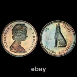 PL66 1967 Canada Wolf Silver 50 Cents Proof, PCGS Trueview- Rainbow Toned