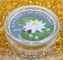 Proof 2010 Canadian $20.999 Silver 1 oz Water Lily, Crystals, COA, Leather Case
