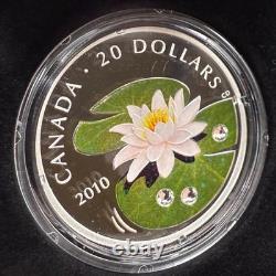 Proof 2010 Canadian $20.999 Silver 1 oz Water Lily, Crystals, COA, Leather Case