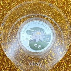 Proof 2010 Canadian $20.999 Silver 1 oz Water Lily, Crystals, COA, Leather Case