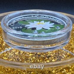 Proof 2010 Canadian $20.999 Silver 1 oz Water Lily, Crystals, COA, Leather Case