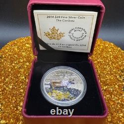 Proof 2014 Canadian $20.999 Silver 1 oz Colorized Caribou, COA, Leather Case