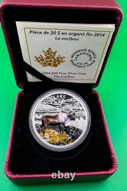 Proof 2014 Canadian $20.999 Silver 1 oz Colorized Caribou, COA, Leather Case