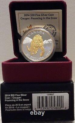Renewed Cougar Snow Gold-Plated $20 2014 1OZ Pure Silver Proof Coin Canada