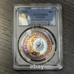 SP66 1978 $1 Canada Commonwealth Games Silver Proof Dollar, PCGS- Rainbow Toned