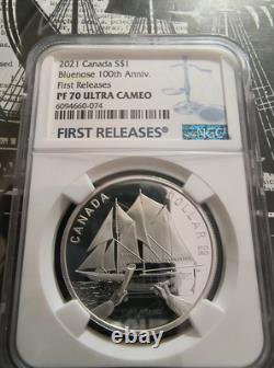 Sailing Ship Silver $1 Canada 100th Anniv. PF 70 Ultra Cameo First Release Blue