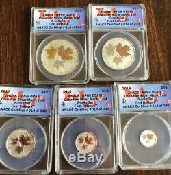 Set of 5 2016 Silver Canada Maple Leaf Reverse Proofs by ANACS RP69 DCAM