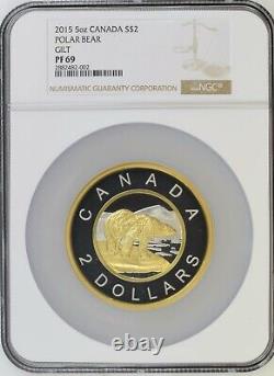 (TOP GRADED) 2015 Canada 5 OZ. Silver Gilted Polar Bear Proof Big Coin NGC PF69