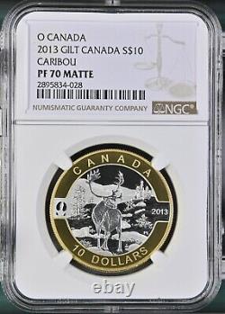 (TOP POP 2/0) 2013 Canada Gilted Silver $10 Caribou Proof NGC PF 70